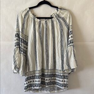 Westport Peasant Blouse Size M White & Navy Bohemian Bell Sleeves Coastal Top